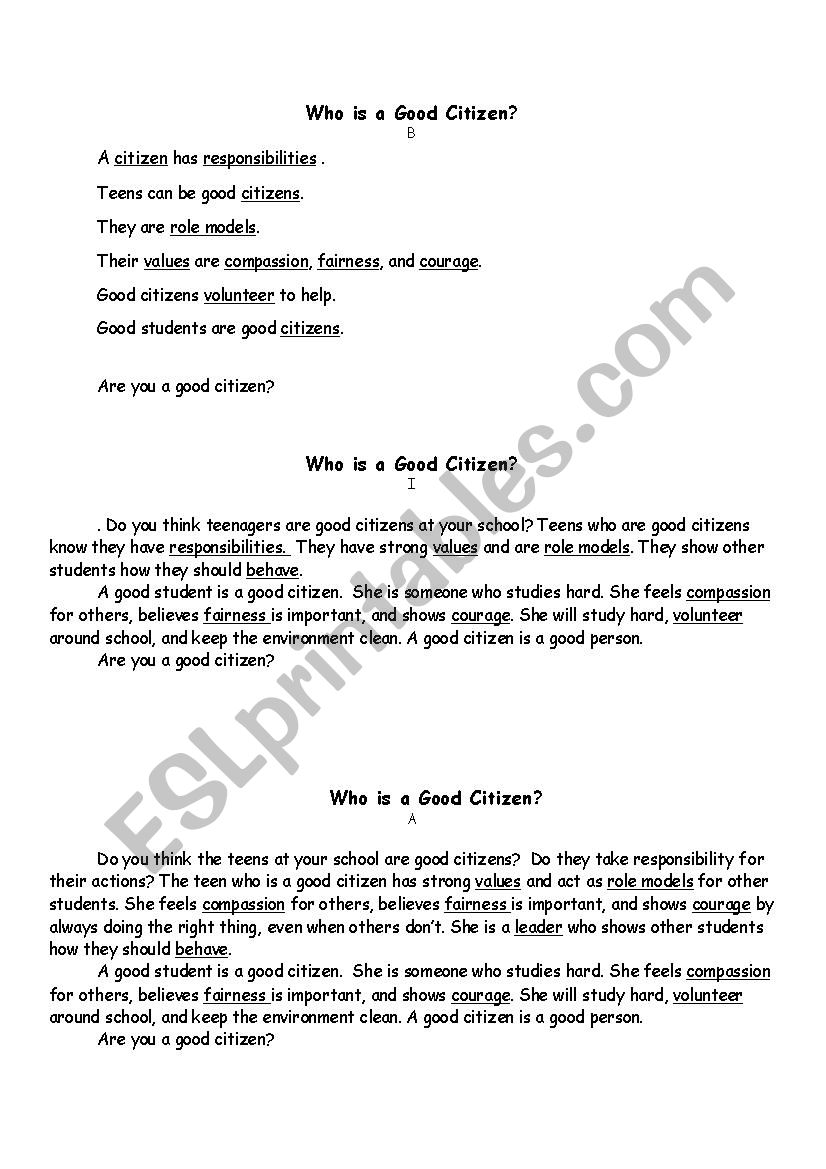 Who is a Good Citizen?  worksheet