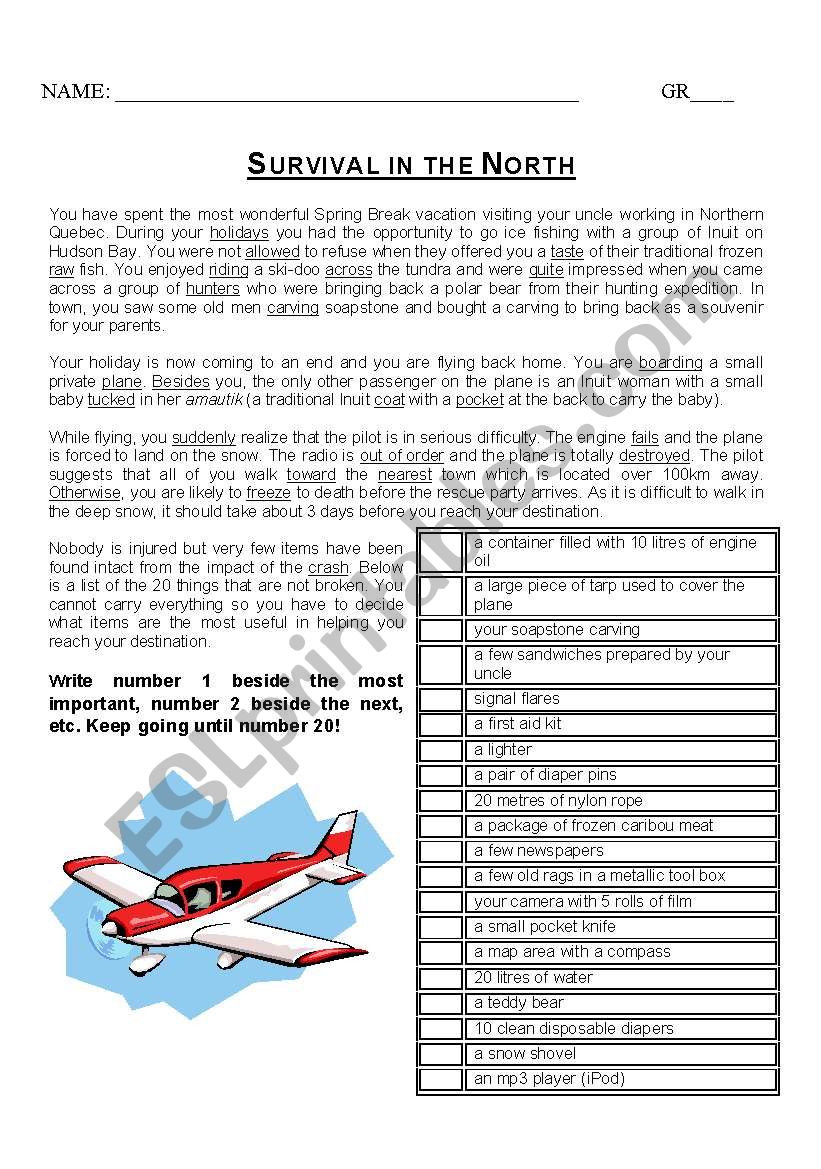 SURVIVAL IN THE NORTH worksheet
