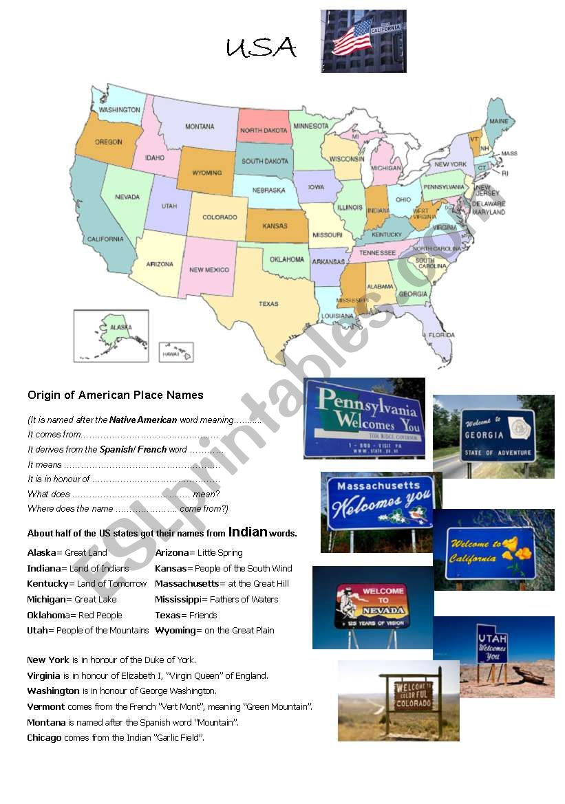 USA map and origin of place names