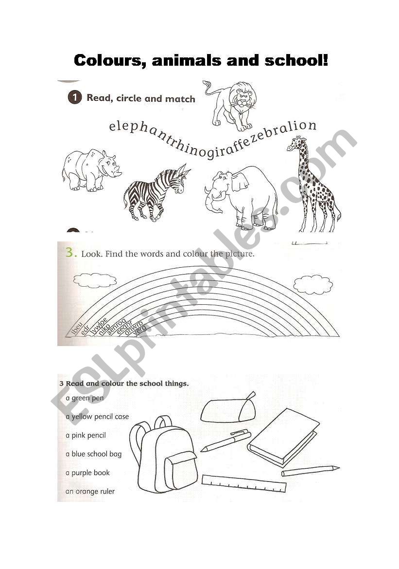 Fun worksheet: Colours, animals and school