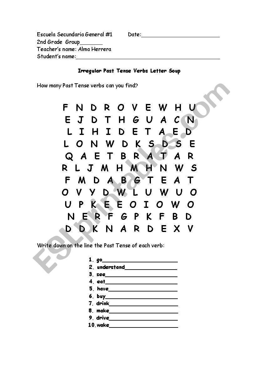 Irregular Past Tense Verbs Letter Soup