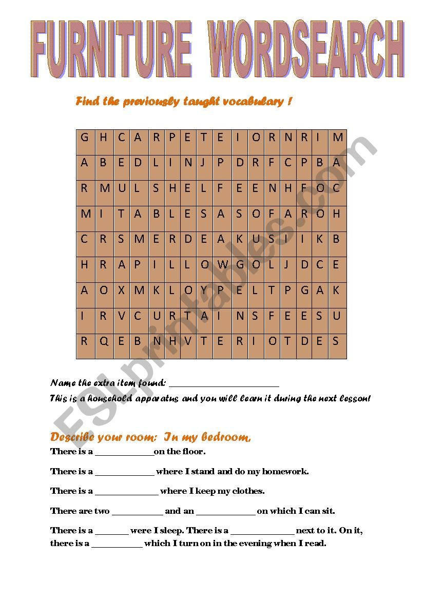 FURNITURE-WORDSEARCH and describe your room activity!