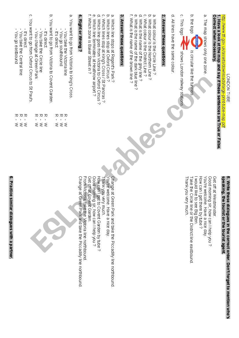 London Tube worksheet