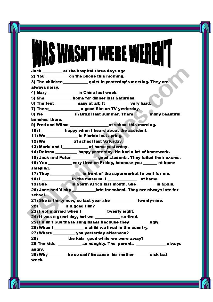 TO BE  (SIMPLE PAST) worksheet