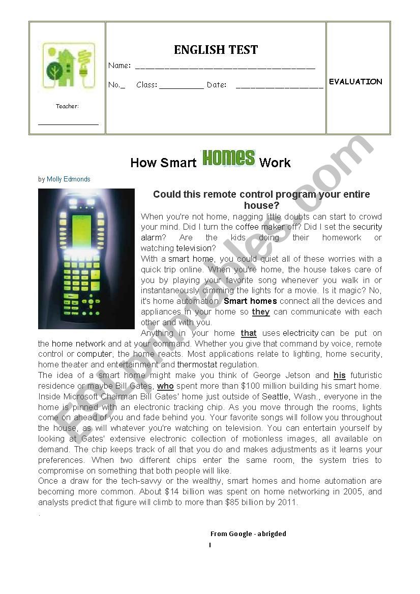 Test - How smart homes work worksheet