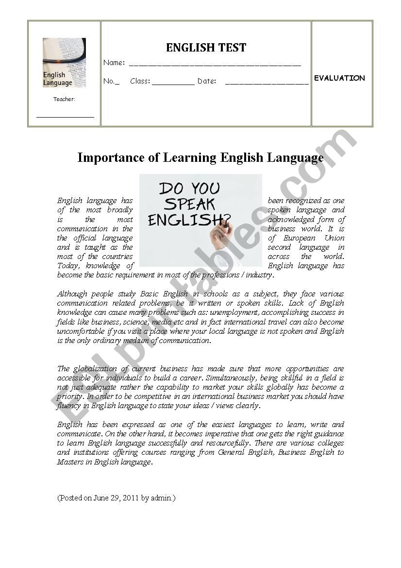 Test 10th - The importance of English Language