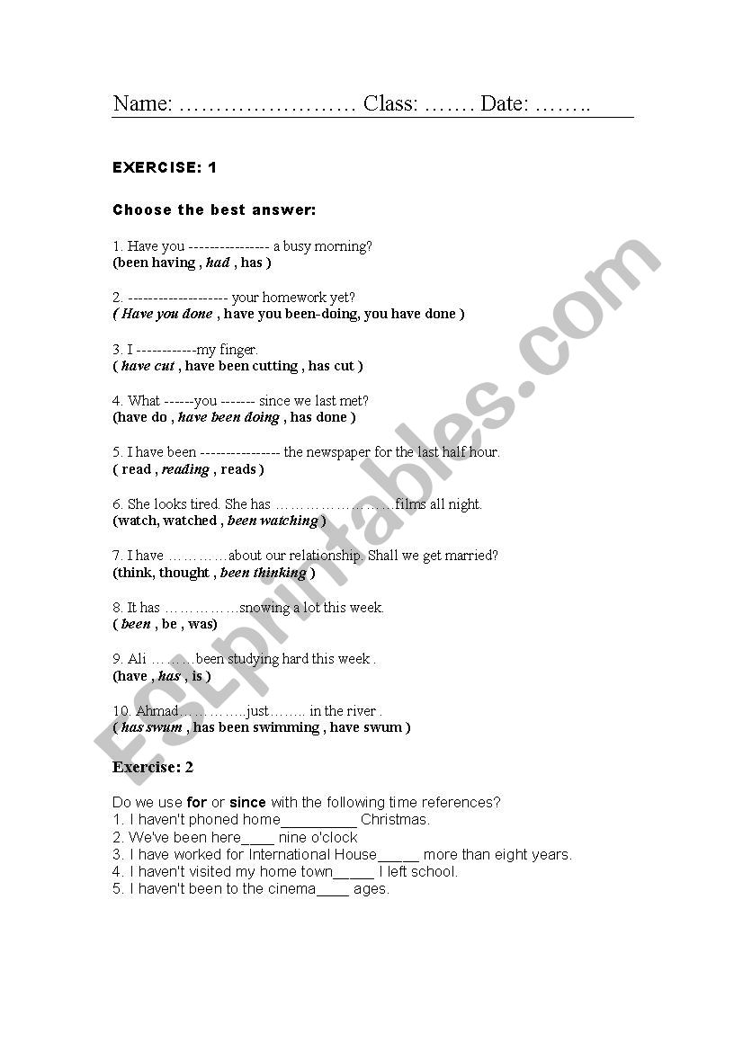 exercise worksheet