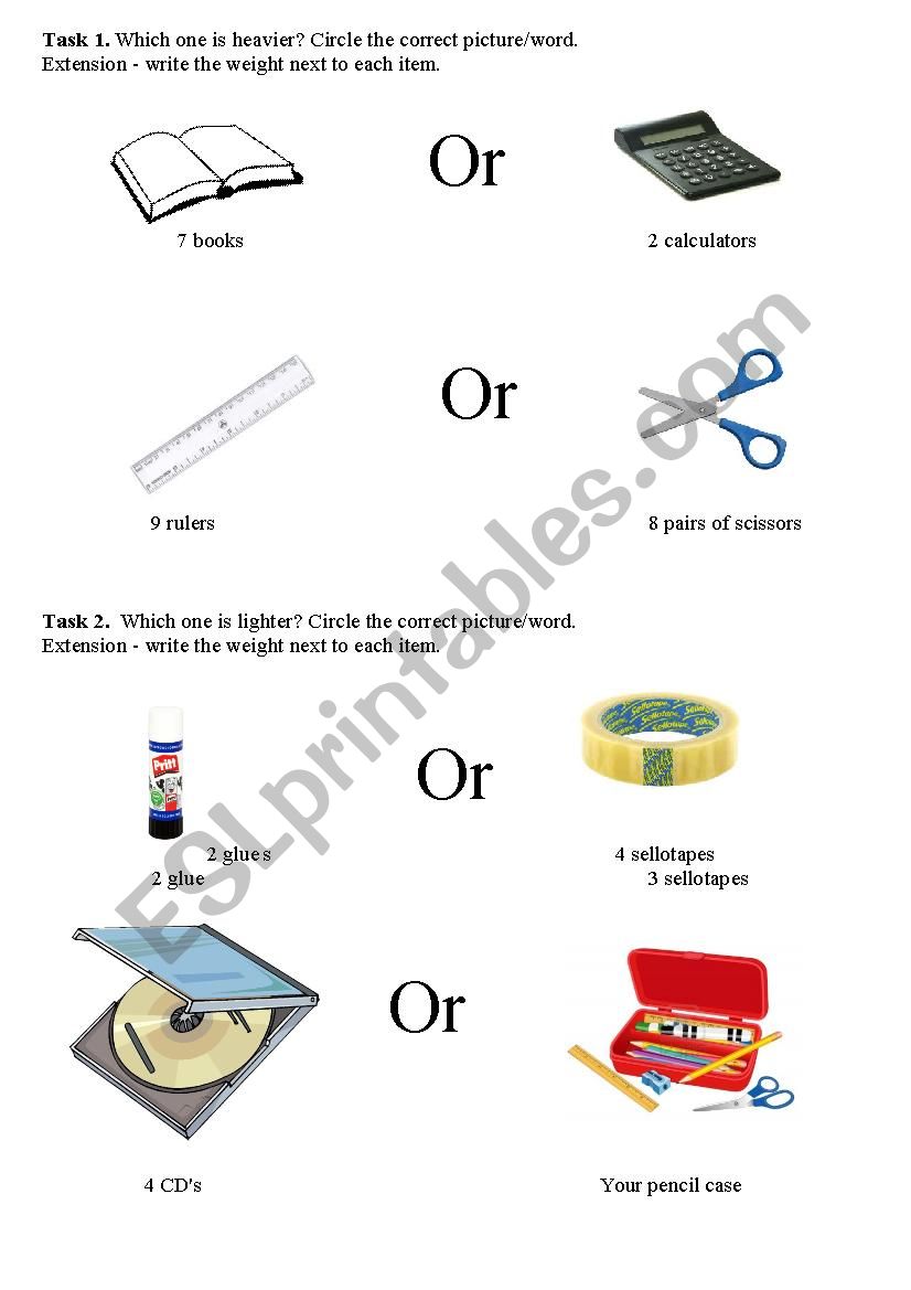 which one is heavier/lighter worksheet