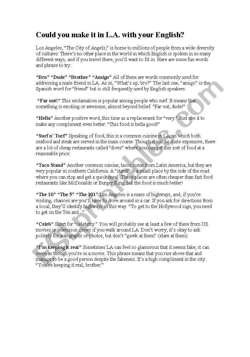 functions to survive in LA worksheet