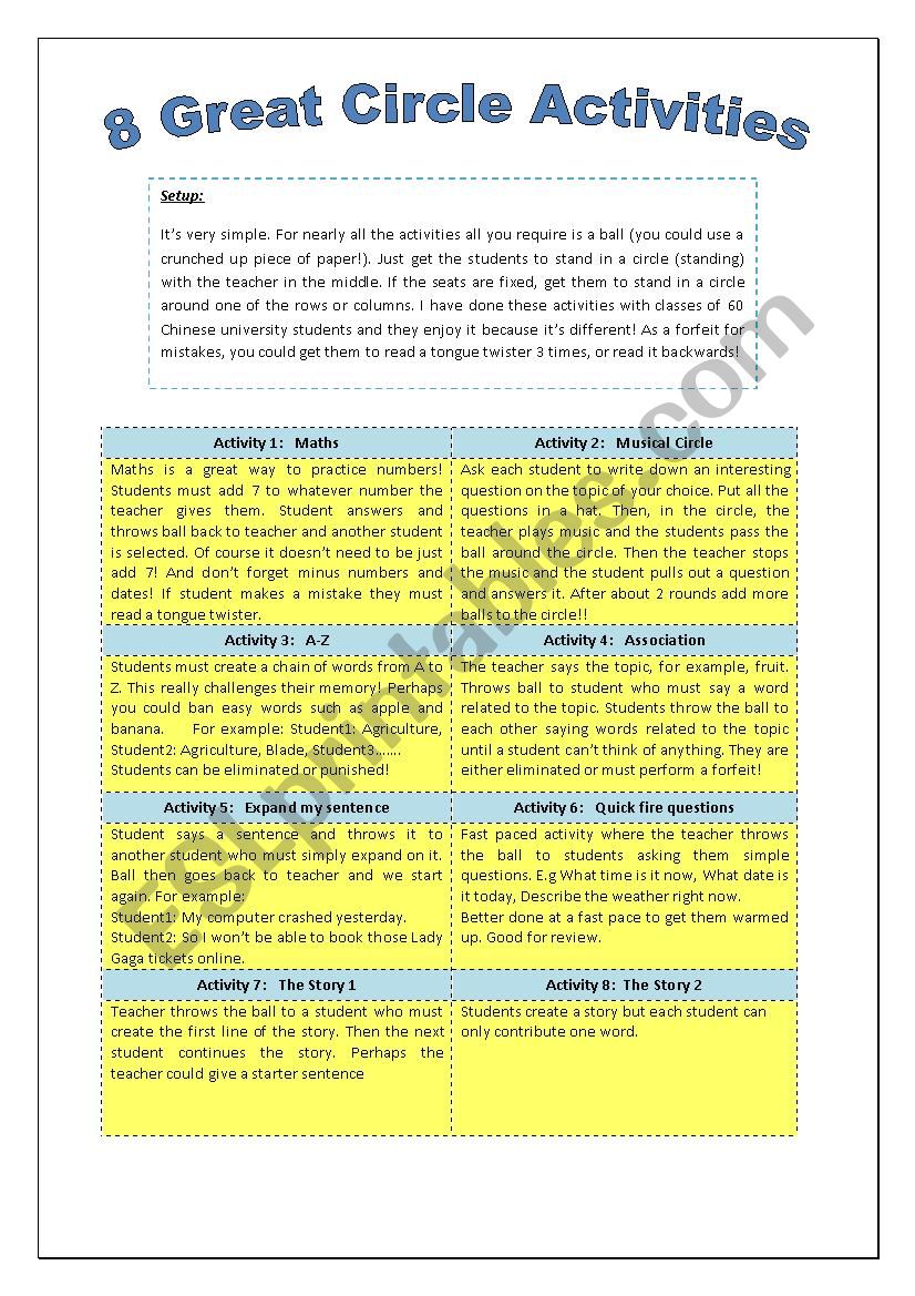 8 Great Circle Activities worksheet