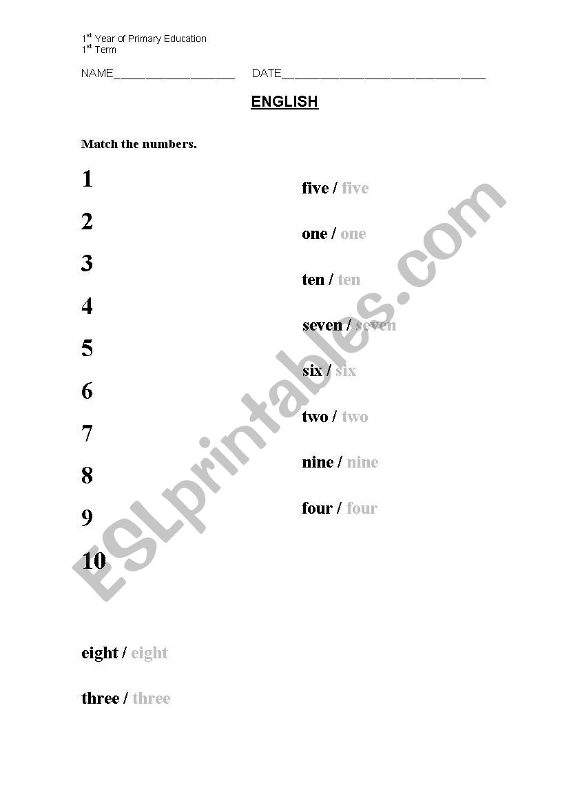 Match the numbers worksheet