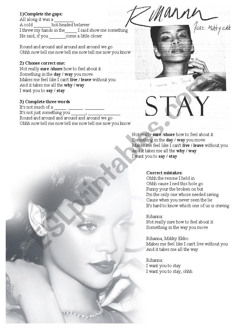 Rihanna - Stay worksheet