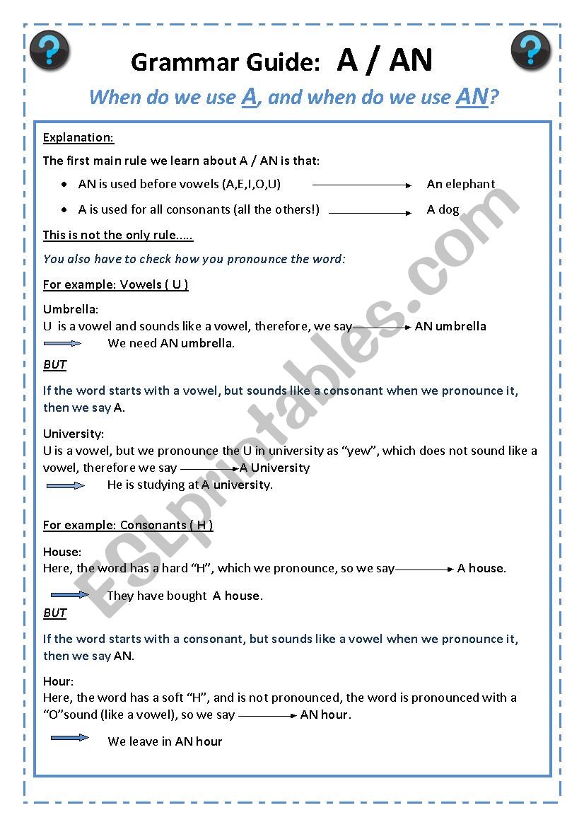 A / AN worksheet