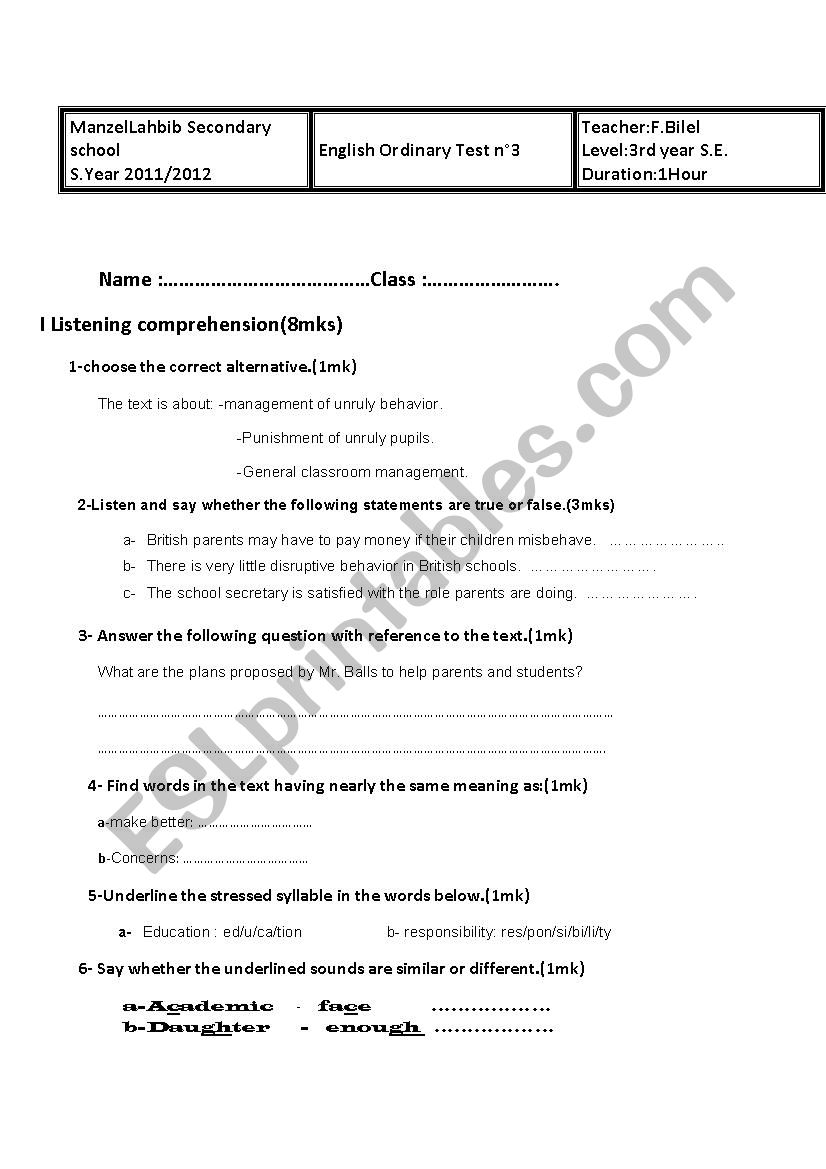 Full term  test n3 Third year Tunisian students