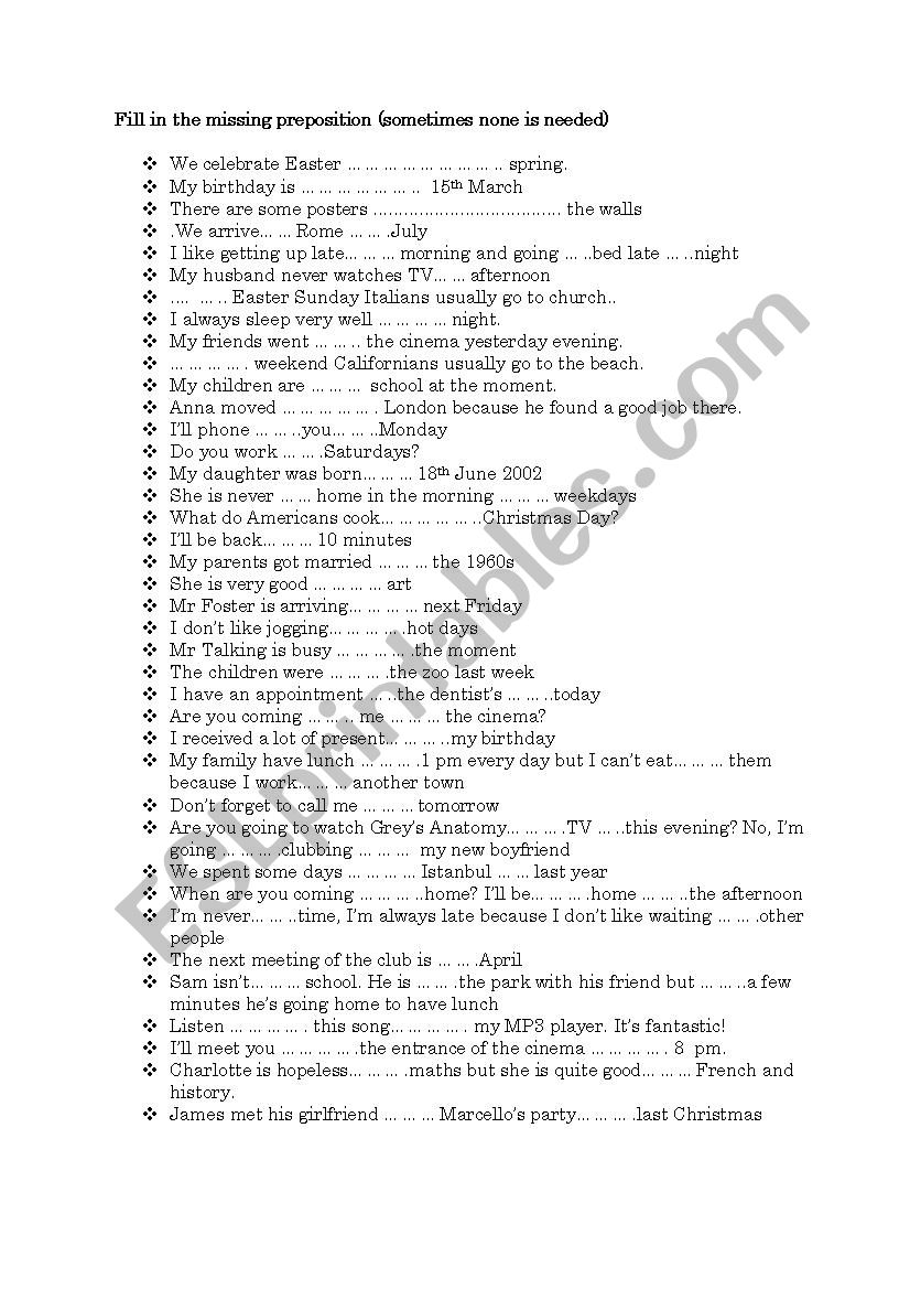 Fill in the correct prepositions