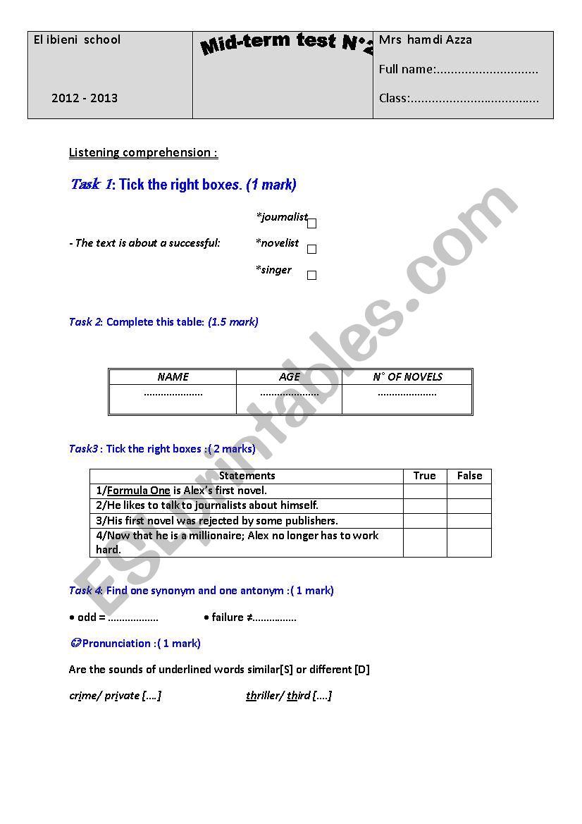 Mid term test 2 worksheet