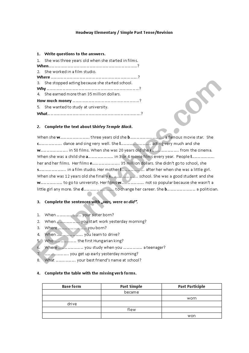 revision of simple past tense worksheet