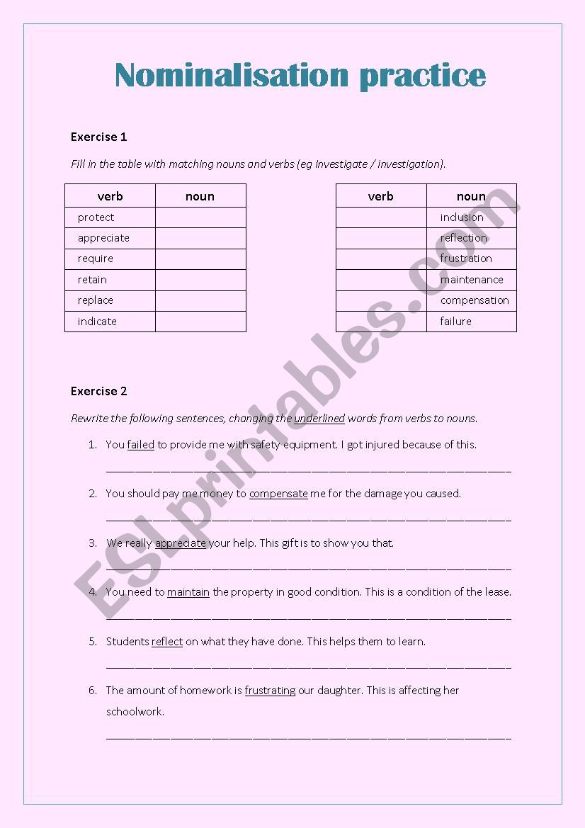 Nominalisation practice worksheet