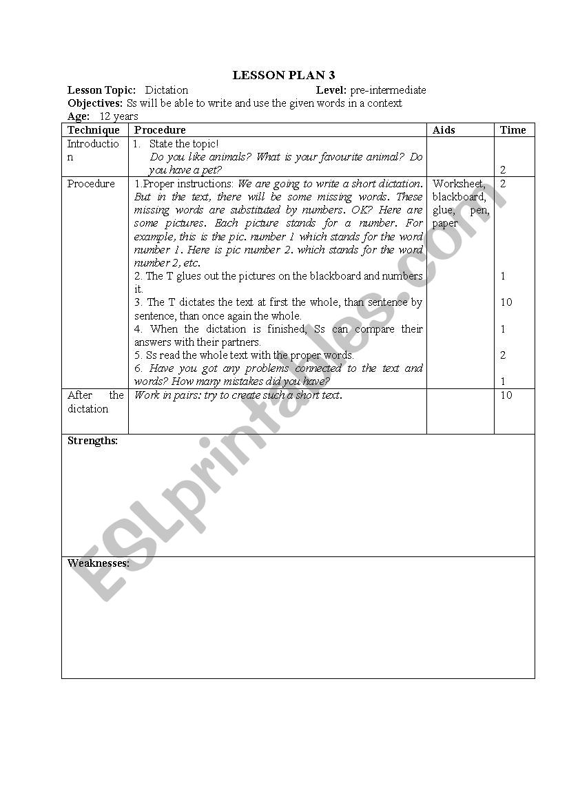 Dictation worksheet