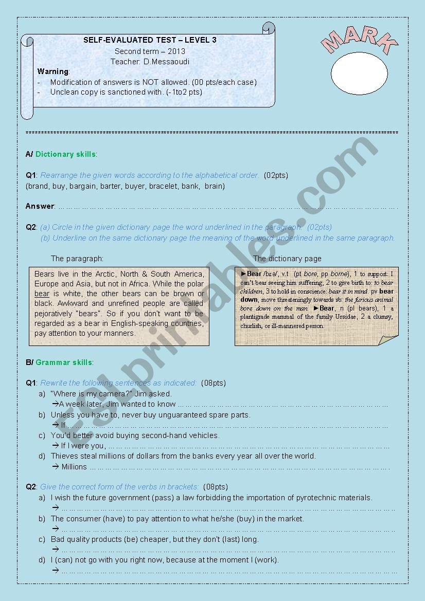 Self-evaluated test - Level 3 worksheet