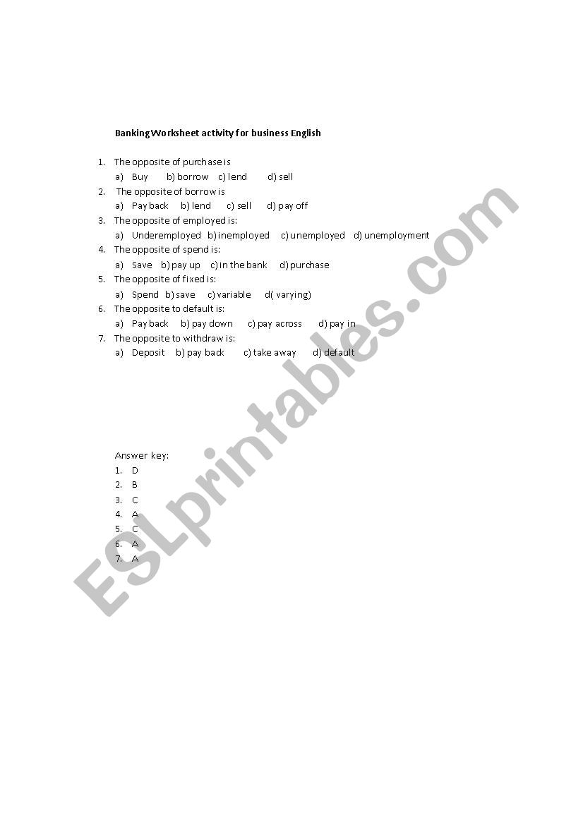 Banking worksheet worksheet