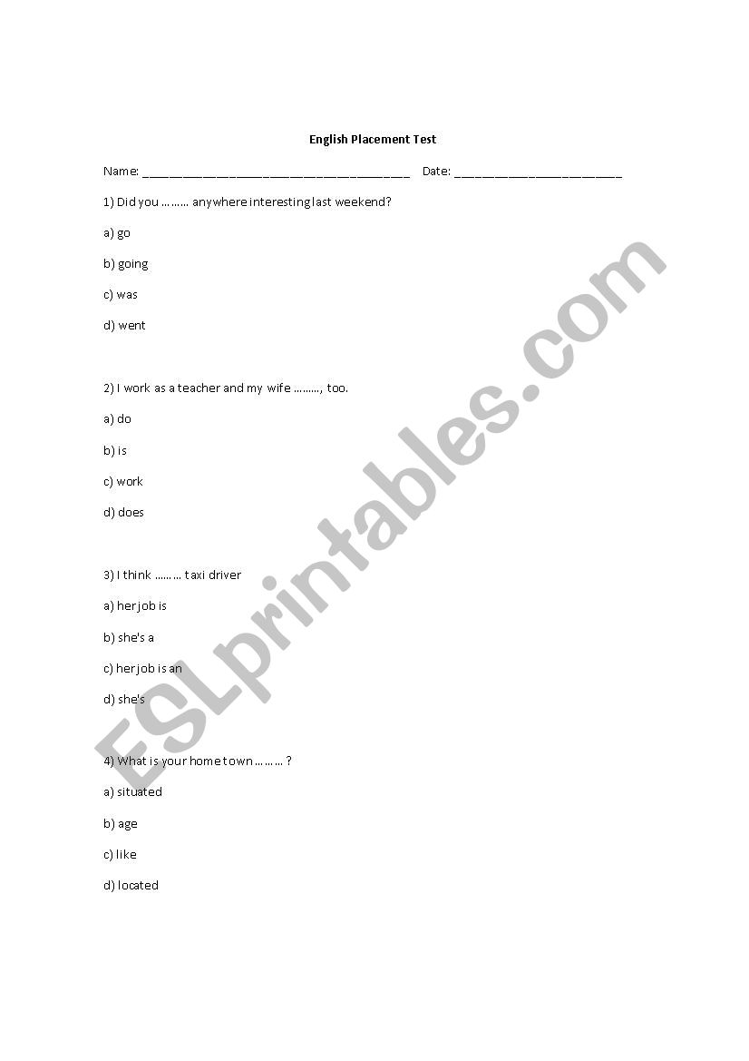 ENGLISH PLACEMENT TEST FOR TEENAGERS