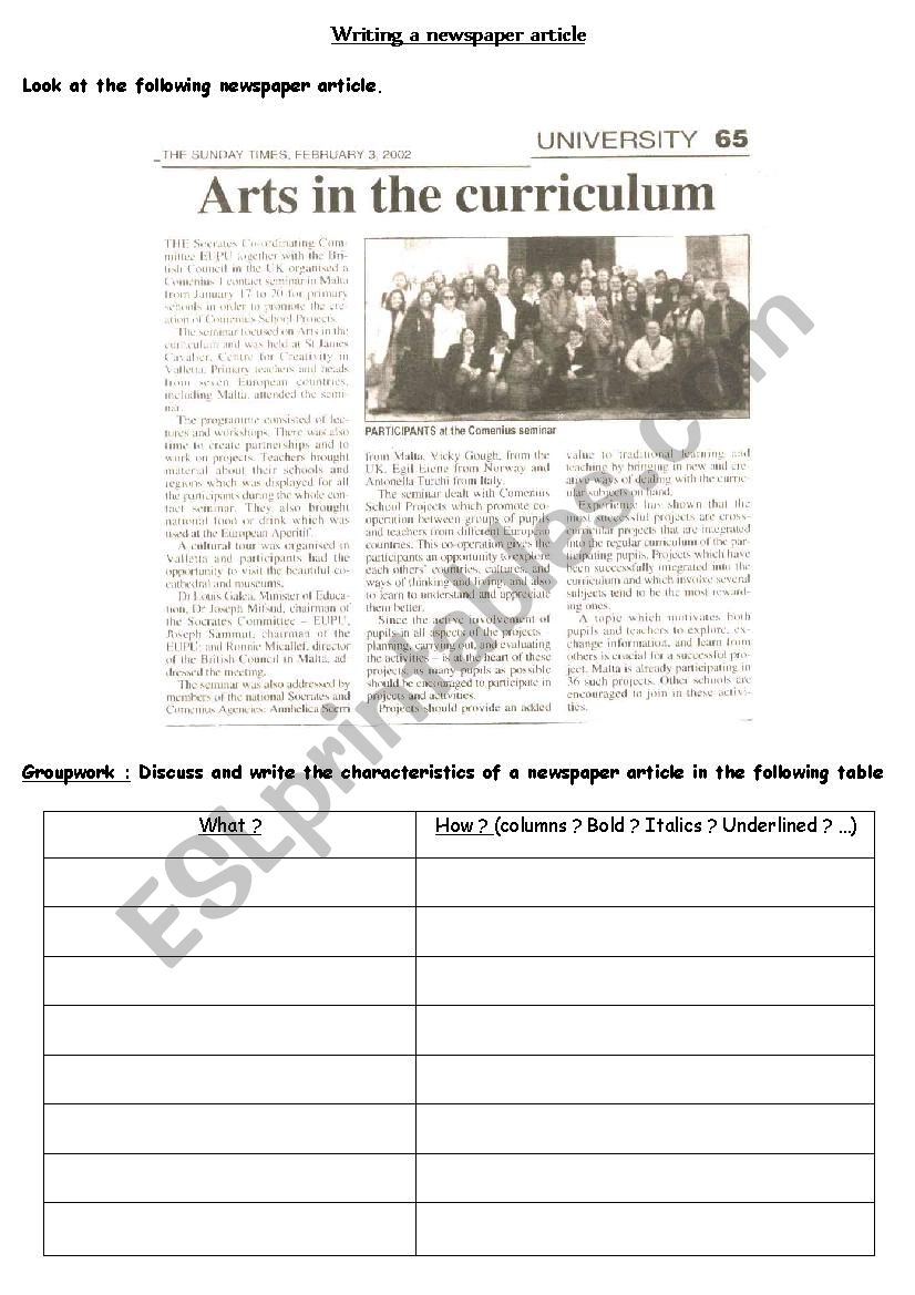 Writing a newspaper article worksheet