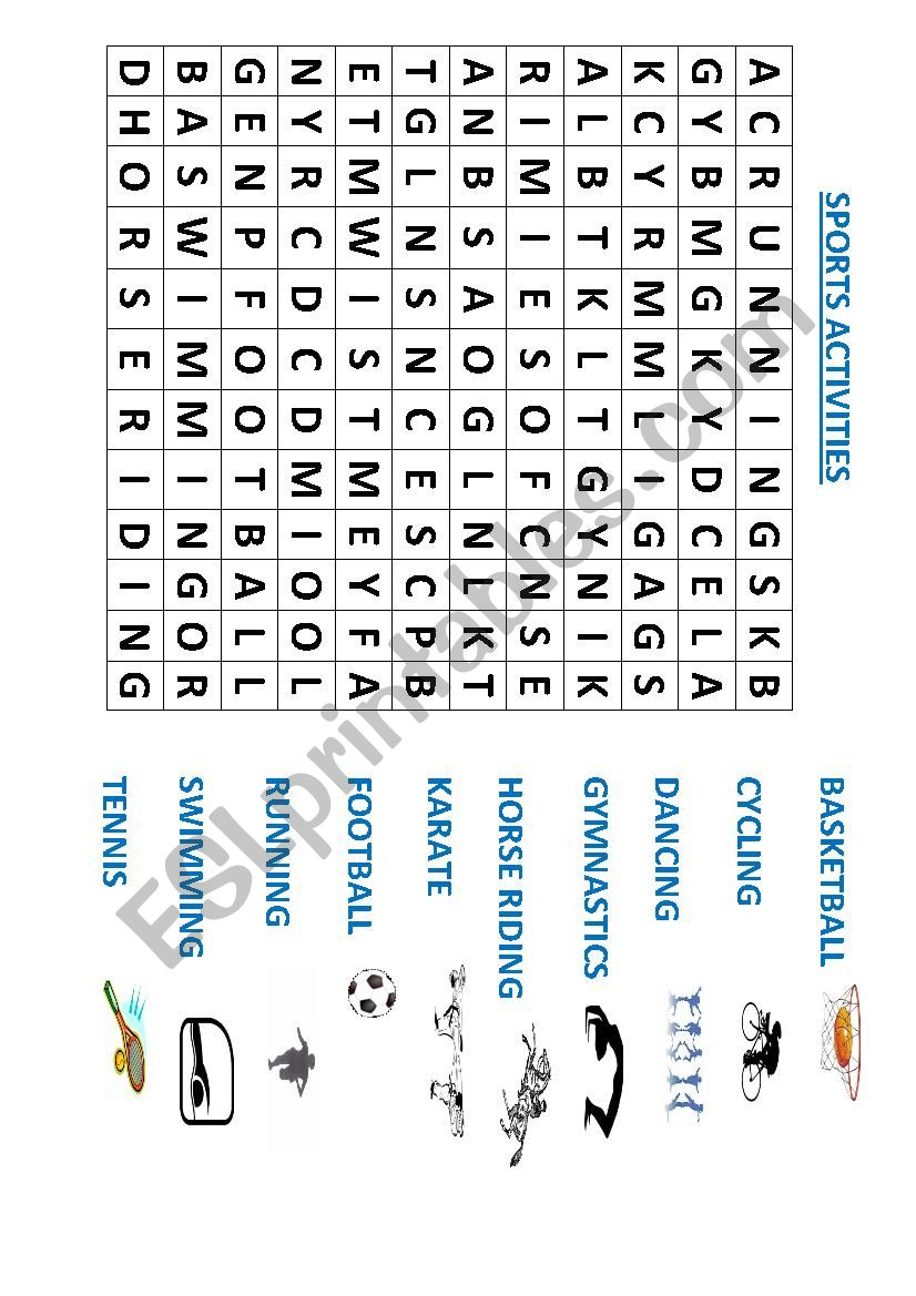 Sports activities wordsearch worksheet