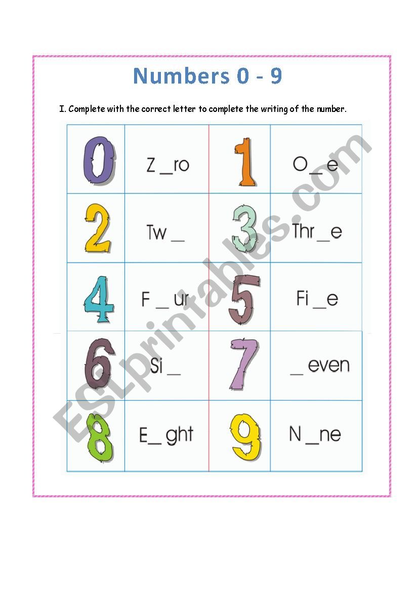 Numbers 0-9 worksheet