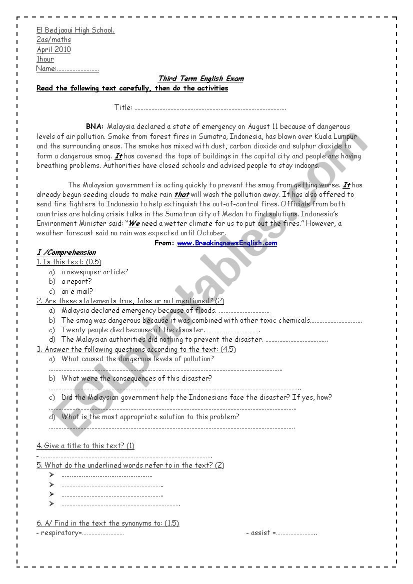 Malysia Disaster worksheet