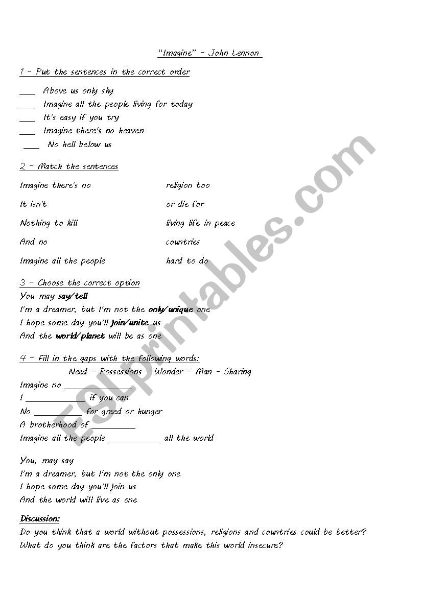 Imagine - John Lennon worksheet