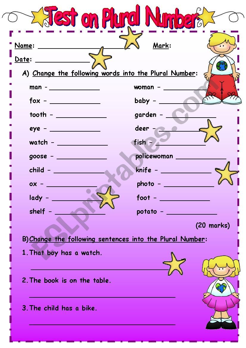 PLURAL NUMBER TEST (part 1) worksheet