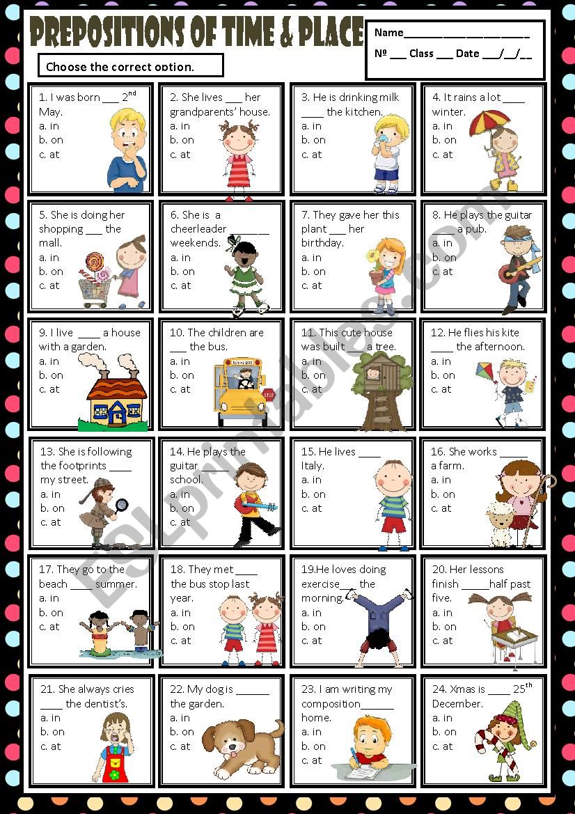 PREPOSITIONS OF TIME AND PLACE - IN, ON & AT - MULTIPLE CHOICE