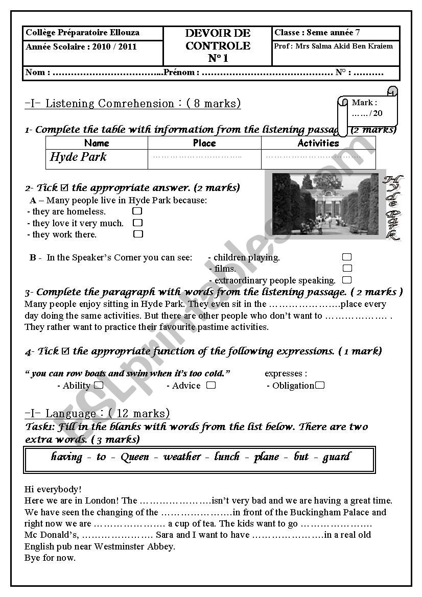Mid term test 1 8th form worksheet