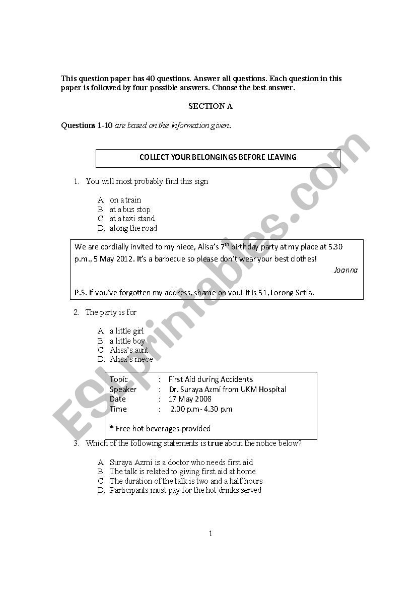 semester 1 test 2012 worksheet
