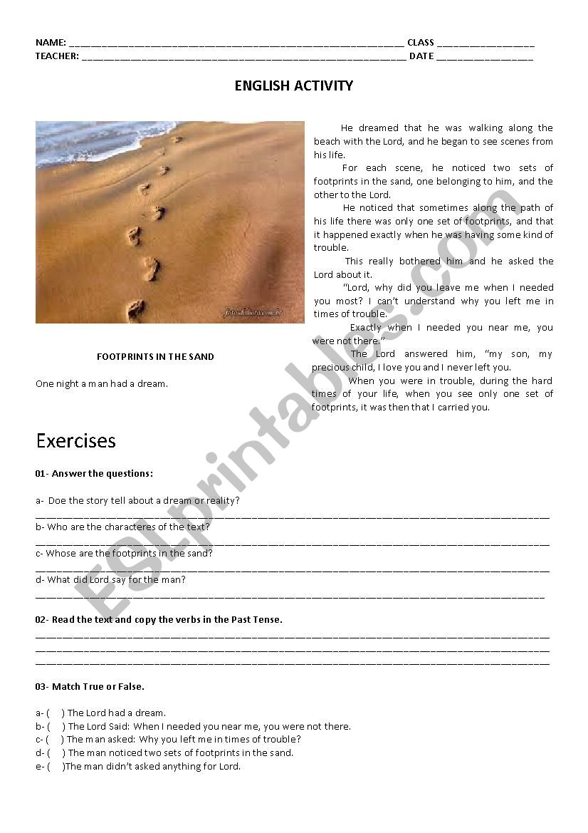 Footprints in the sand worksheet