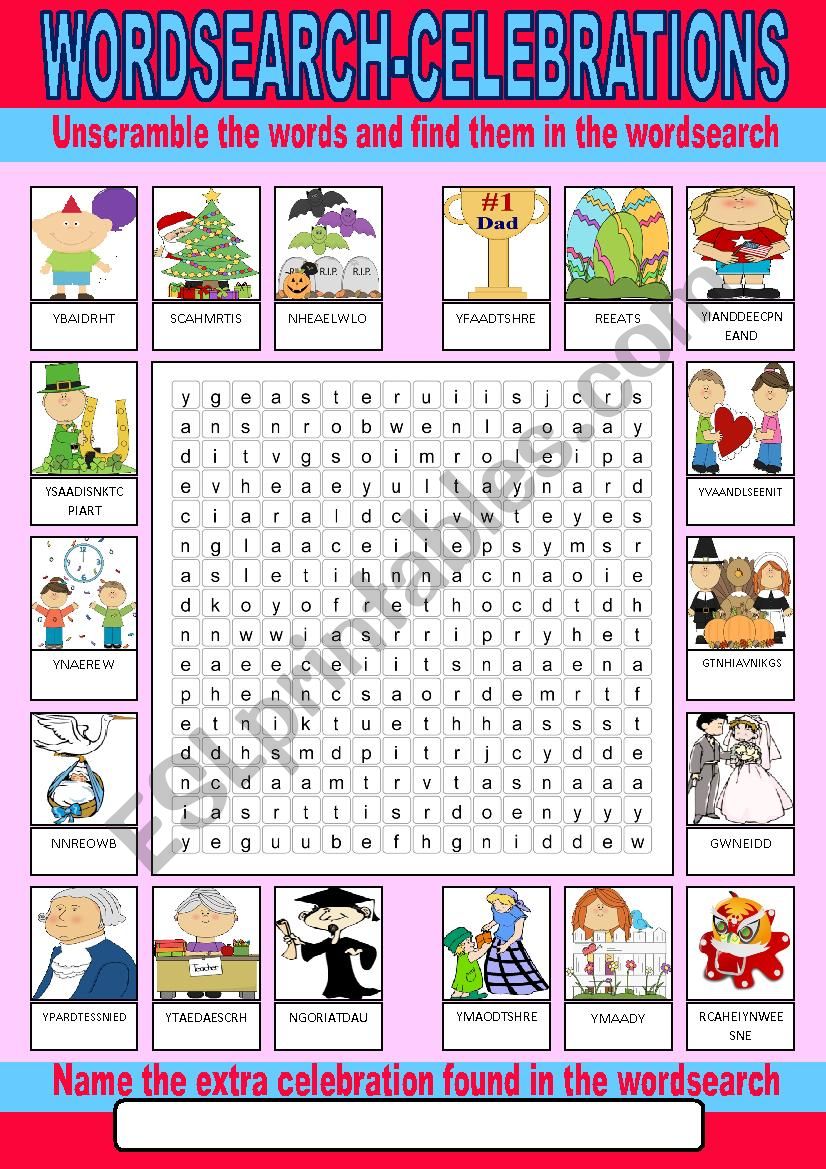 Celebrations Wordsearch worksheet