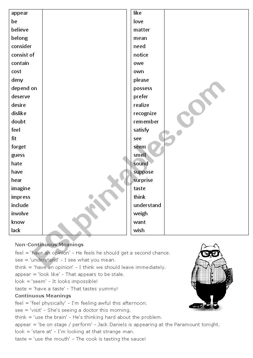 non-continous verbs worksheet