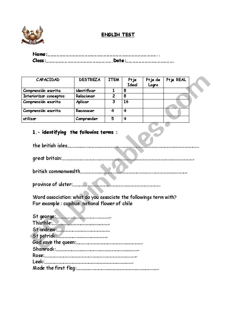 english test worksheet