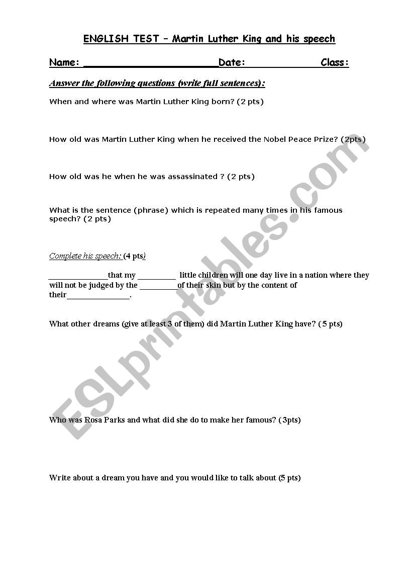 Cloze Test - I have a dream worksheet