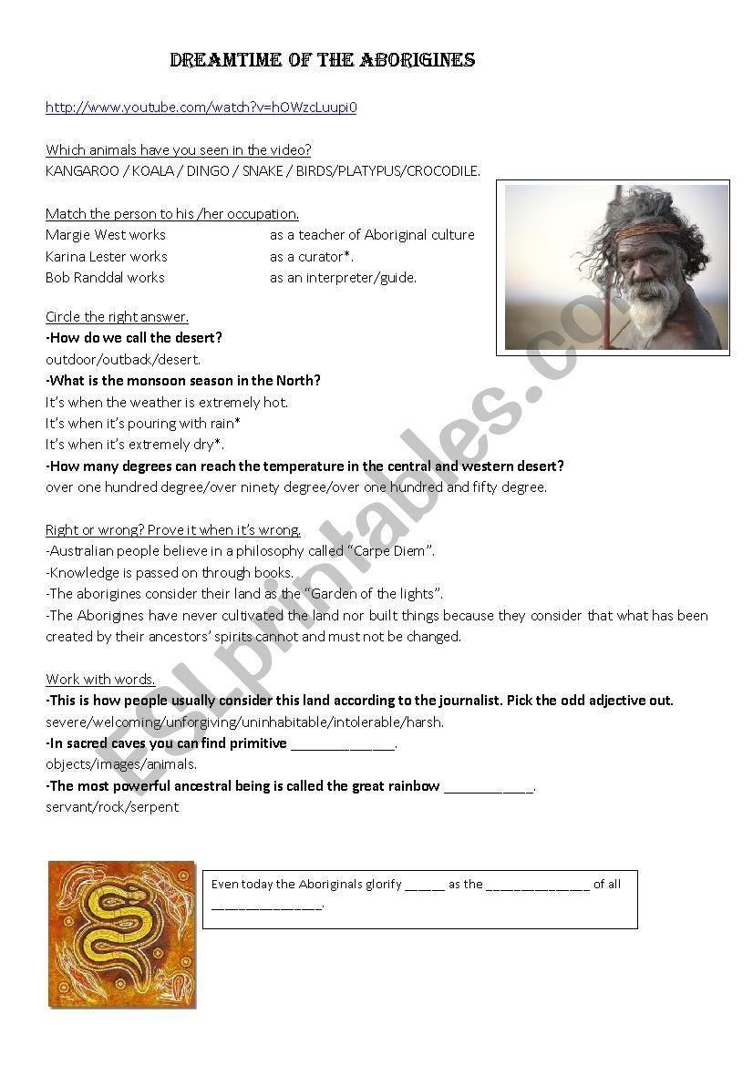 Dreamtime of the Aborigines worksheet