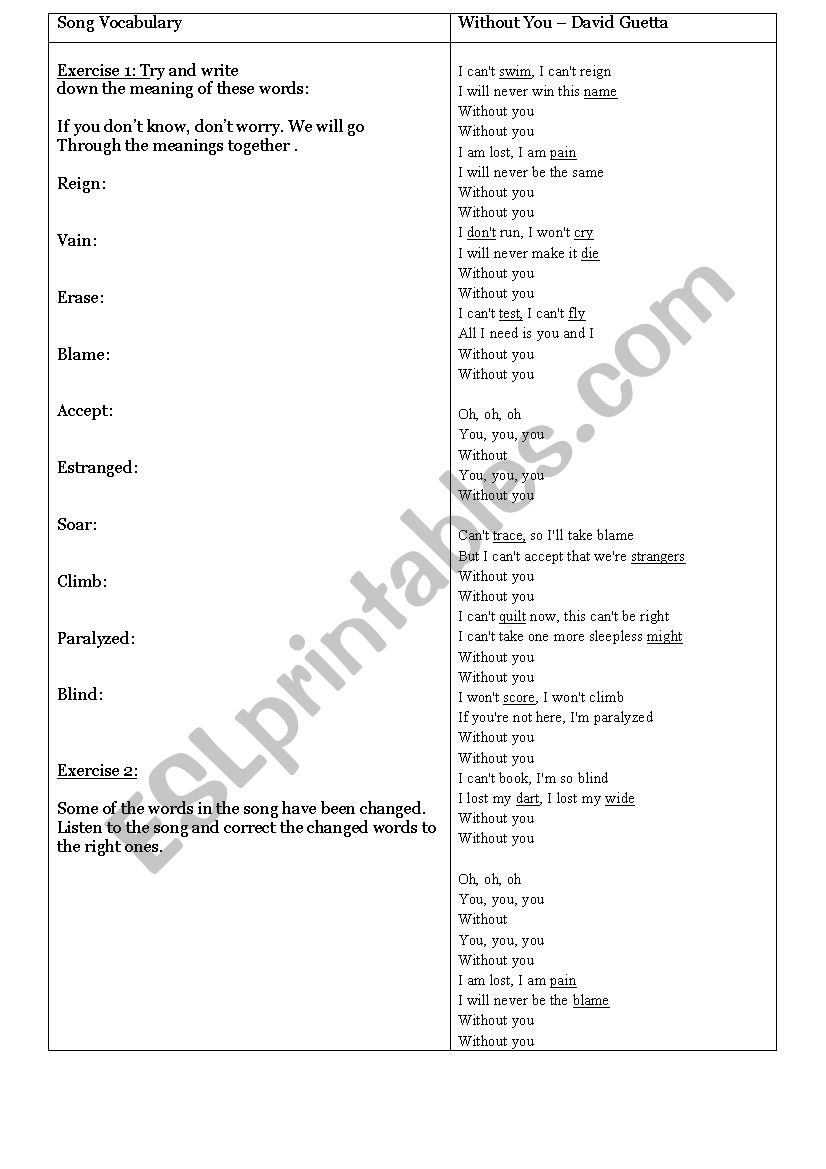 Without you- David Guetta worksheet