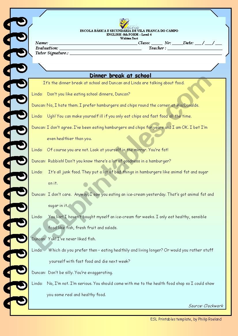  Food - 8th form test worksheet