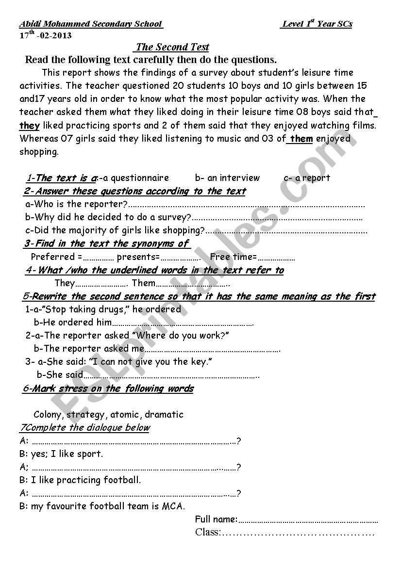 report worksheet