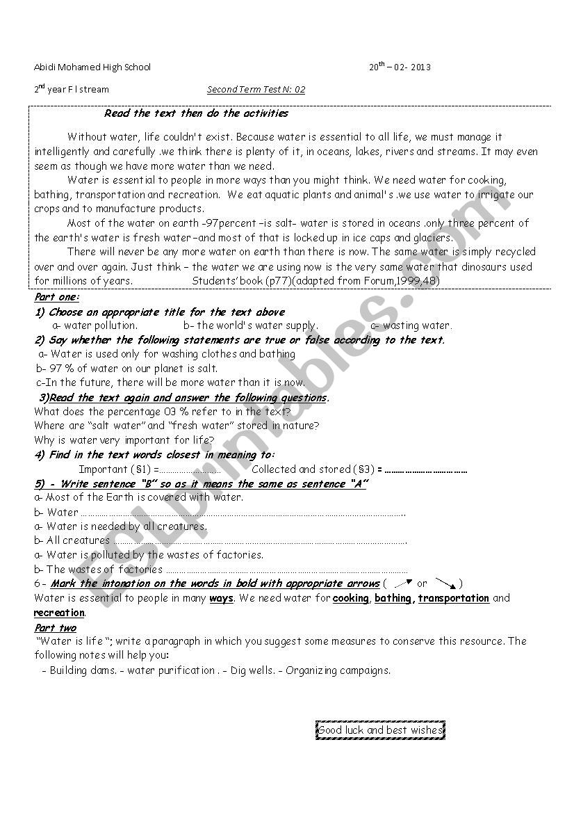 text about water worksheet