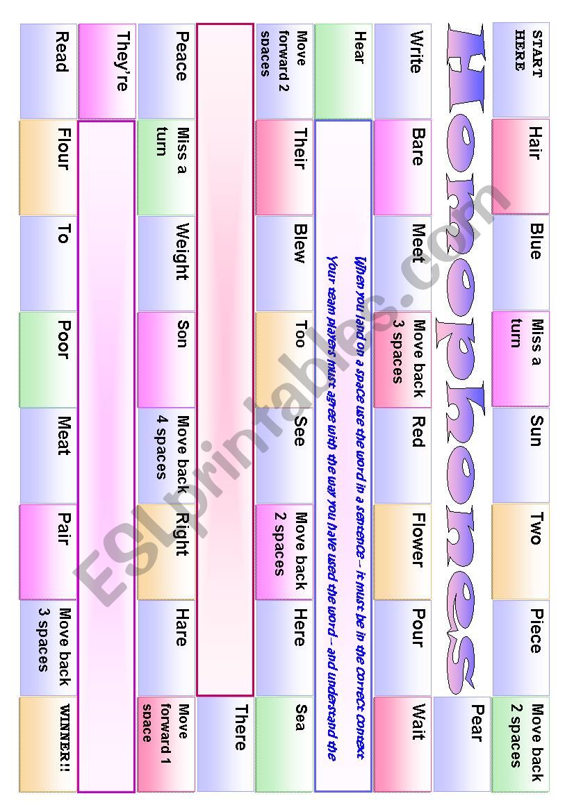 Homophones board game worksheet