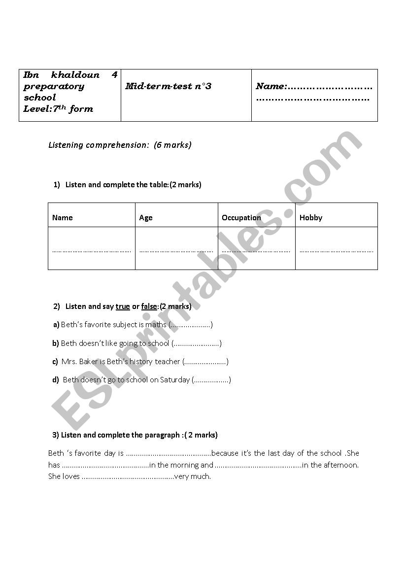 synthese n3 7th form worksheet