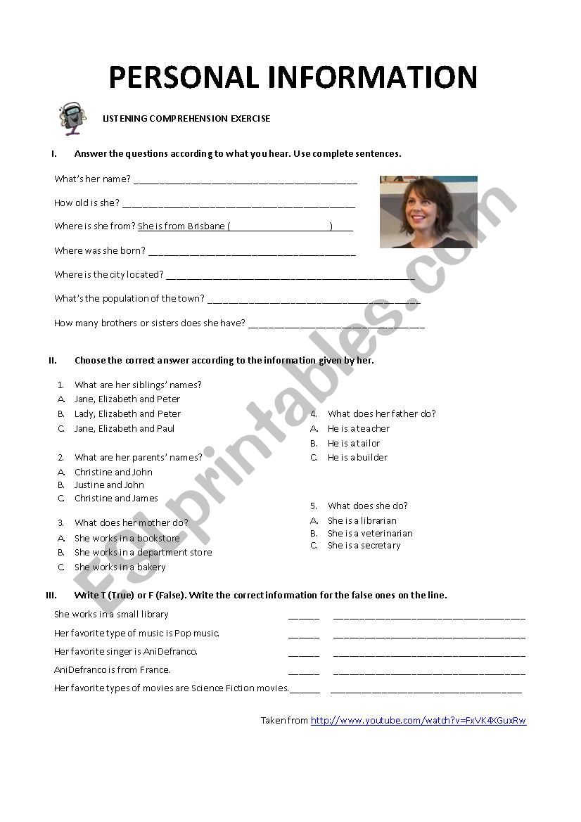 PERSONAL INFORMATION - VIDEO worksheet