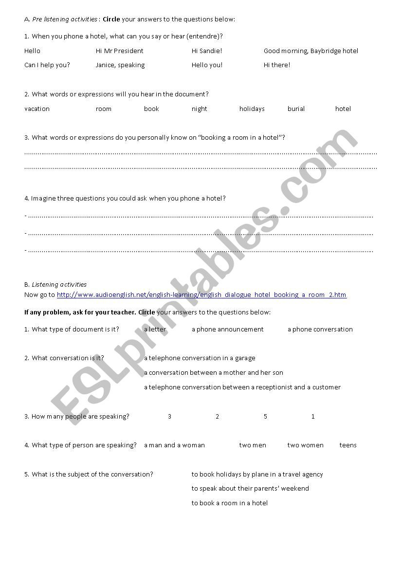 booking a hotel by phone worksheet