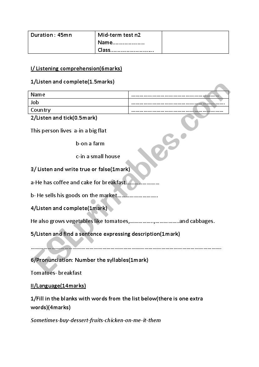 Mid term test n 2 7th form tunisian program